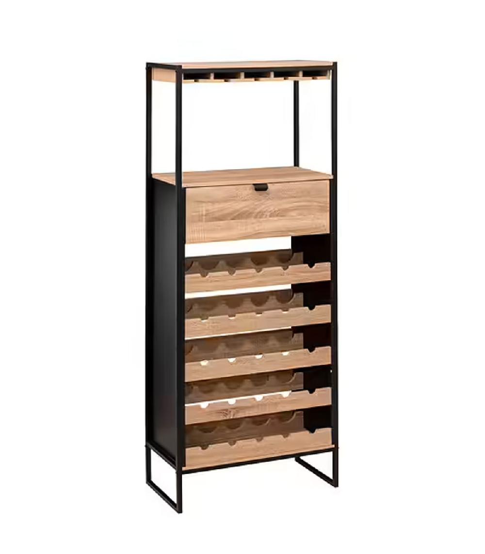 wadiga Meuble porte bouteilles bois et noir 25 bouteilles 60x30x160cm