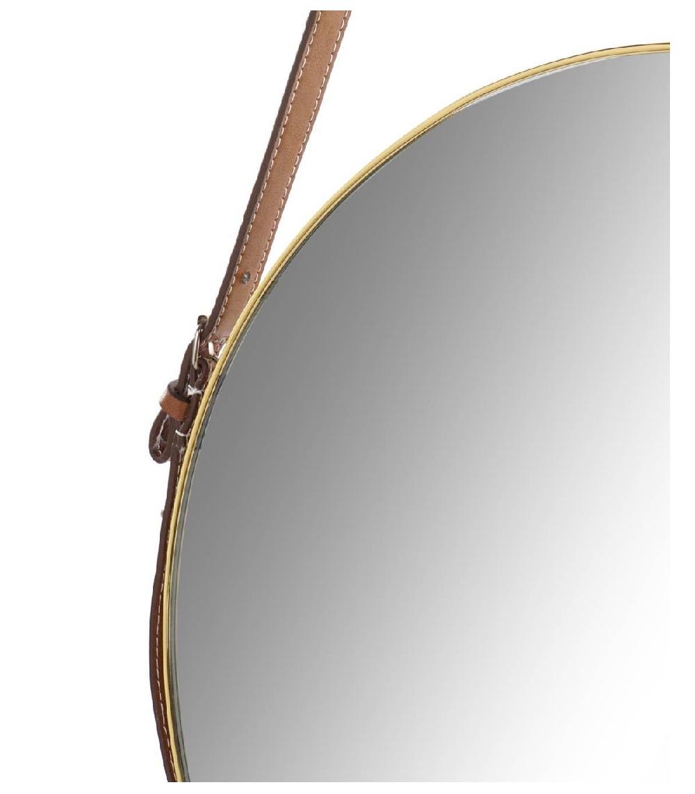 Wadiga Miroir Métal Doré Rond Suspendu Lanière Similicuir Marron