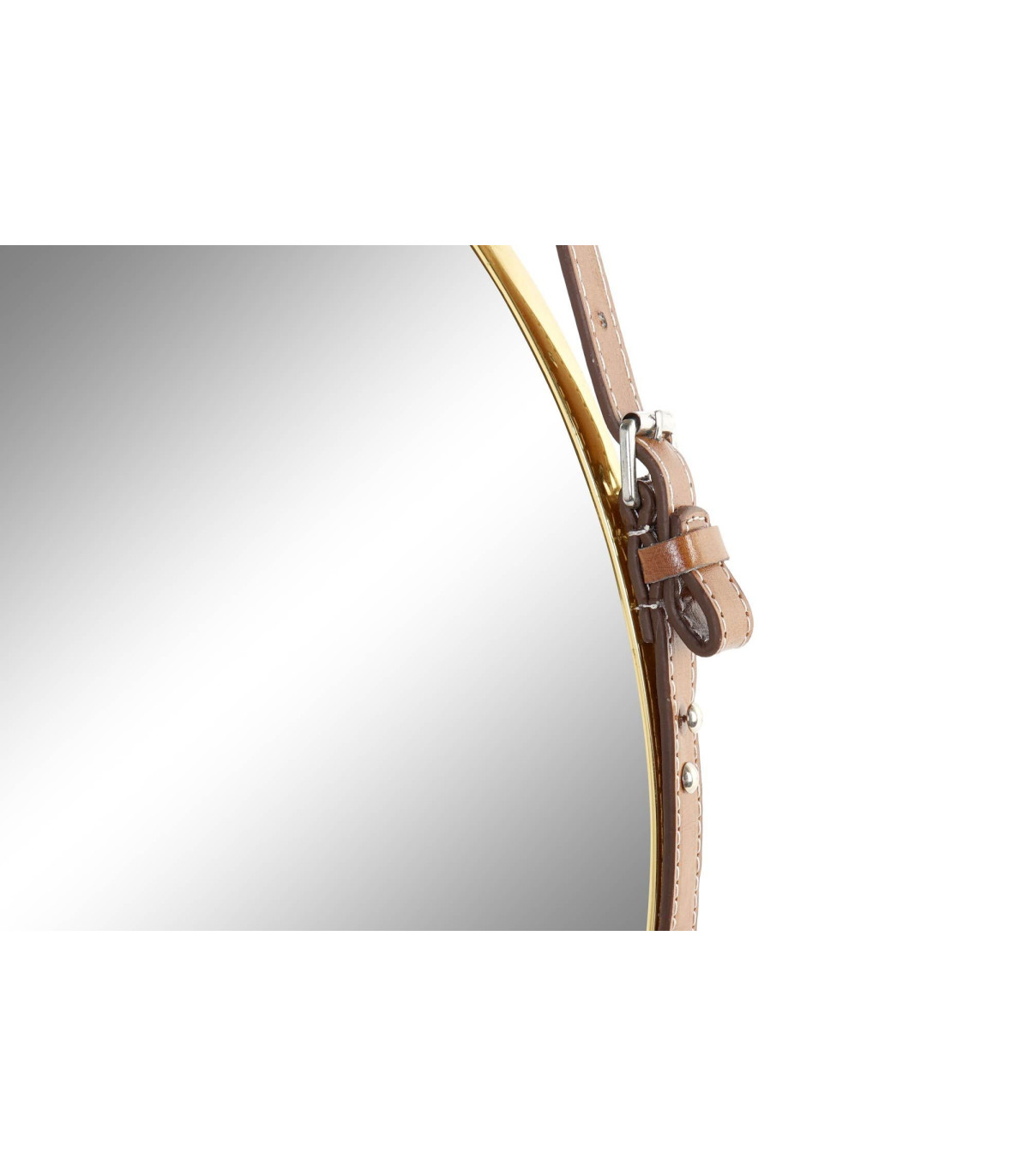 Wadiga Miroir Métal Doré Rond Suspendu Lanière Similicuir Marron
