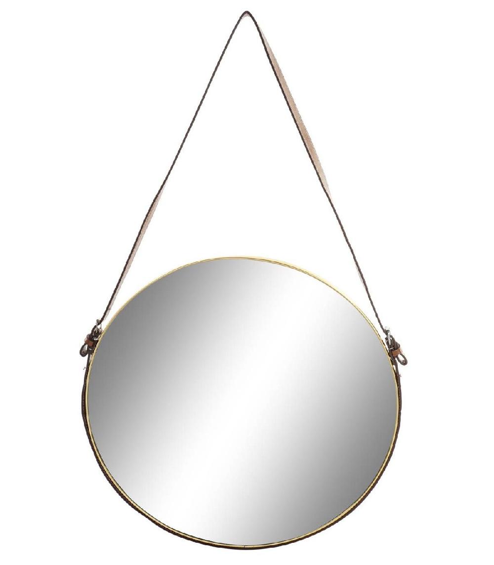 wadiga Miroir Métal Doré Rond Suspendu Lanière Similicuir Marron