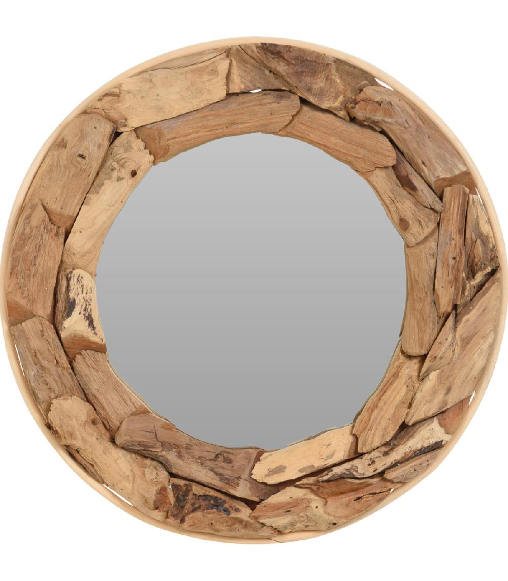 wadiga Miroir rond en bois teck recyclé rustique 52x52x6cm