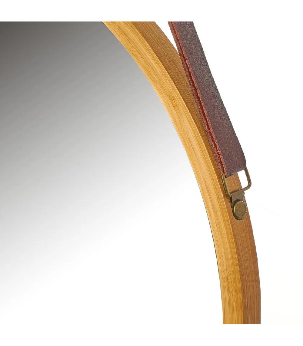 Wadiga Miroir Suspendu Rond Bambou Lanière Similicuir Marron 38cm