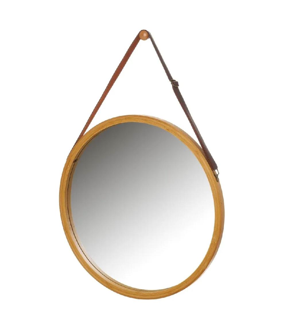 wadiga Miroir suspendu rond bambou lanière similicuir marron 38cm