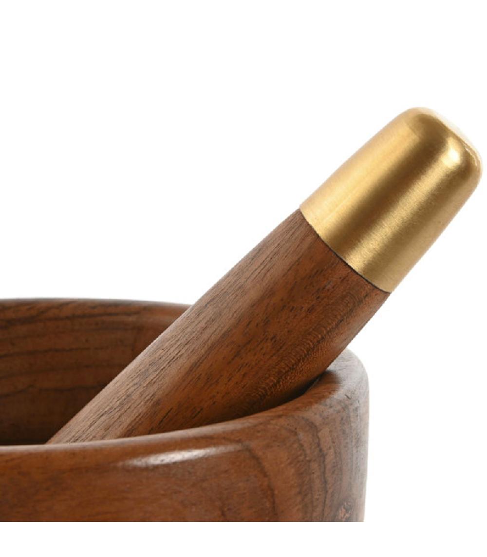Wadiga Mortier Et Pilon En Acacia Et Inox Doré 20.5x17x14.5cm