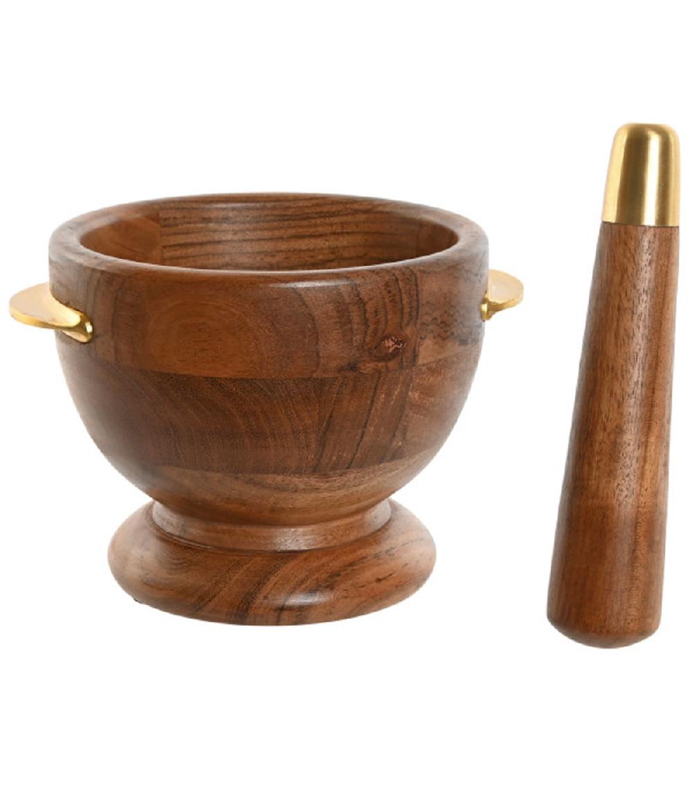 Wadiga Mortier Et Pilon En Acacia Et Inox Doré 20.5x17x14.5cm