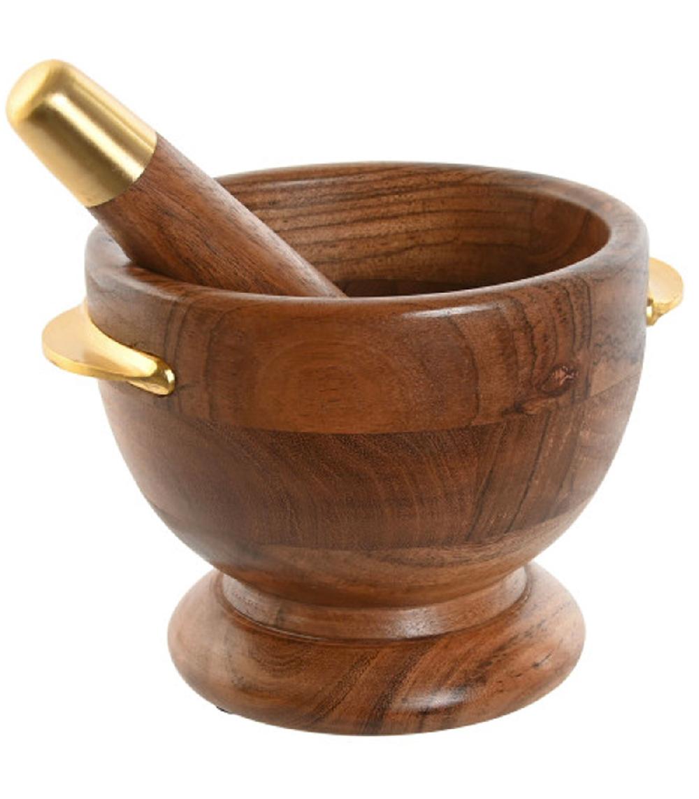 wadiga Mortier et pilon en acacia et inox doré 20.5x17x14.5cm