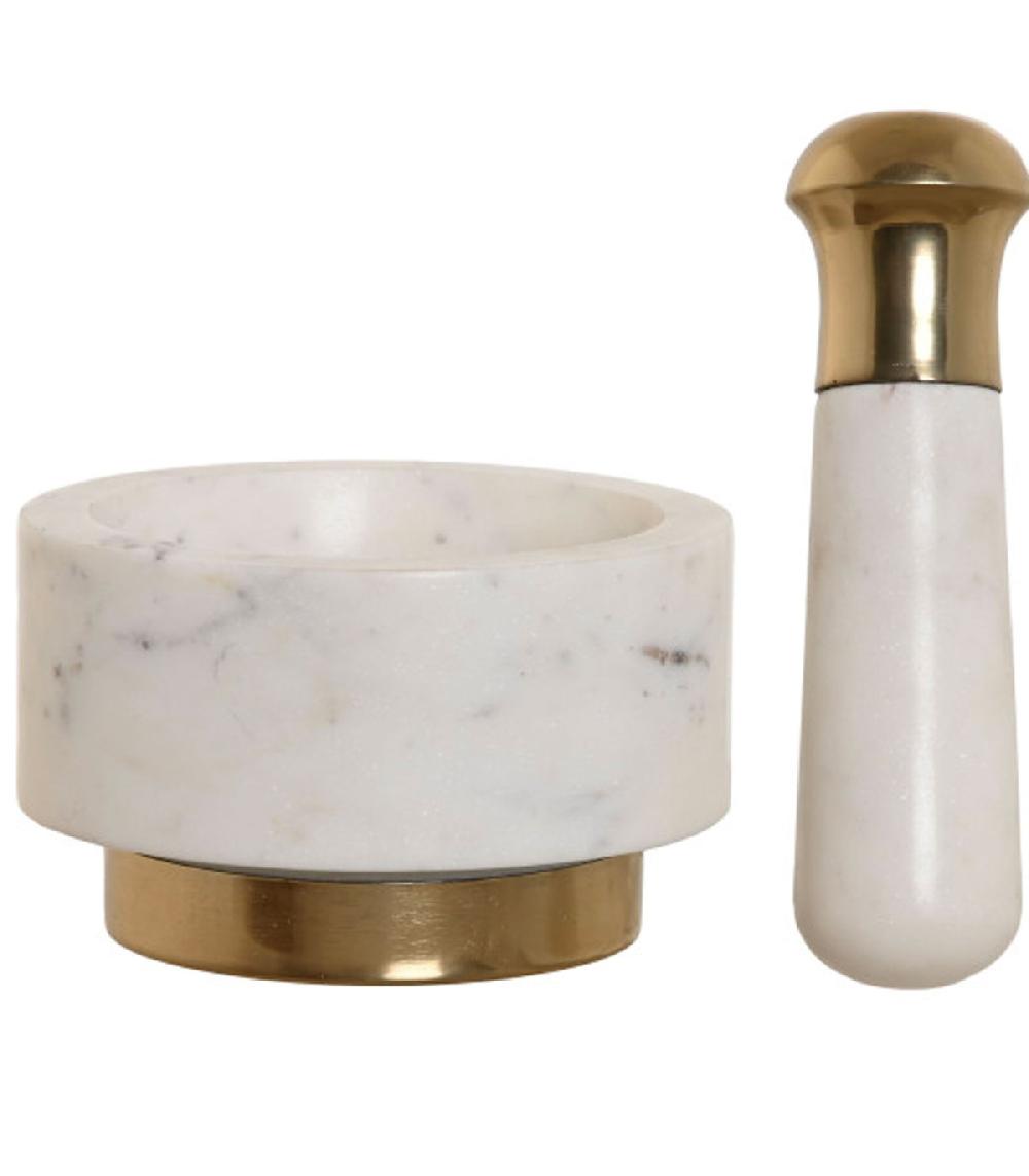 Wadiga Mortier Et Pilon En Marbre Blanc Et Laiton Doré 12.5x12.5x7.5cm