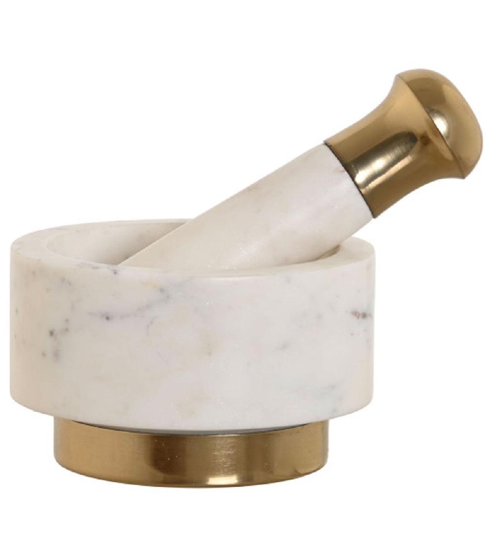 wadiga Mortier et pilon en marbre blanc et laiton doré 12.5x12.5x7.5cm