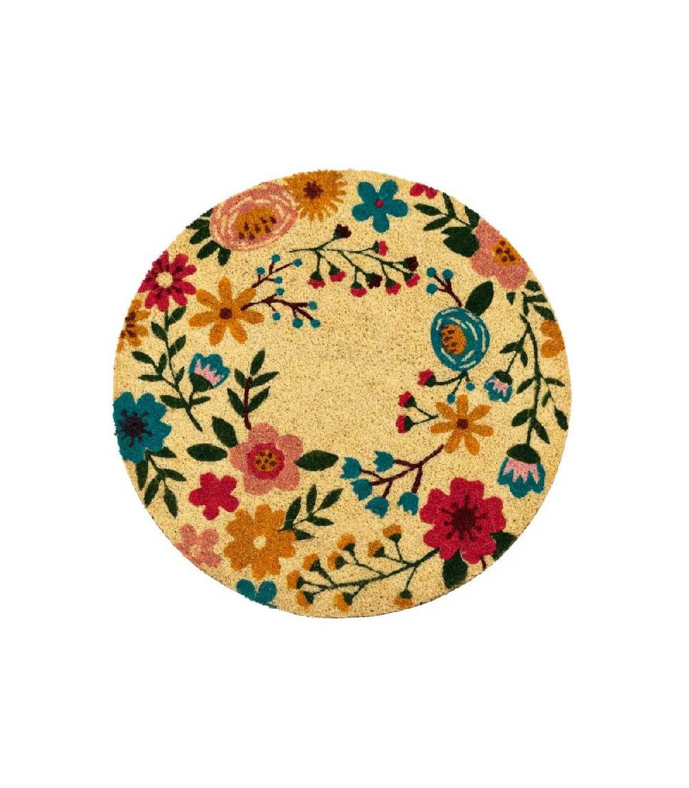 wadiga Paillasson Rond Coco Multicolore Fleurs - diamètre 60cm