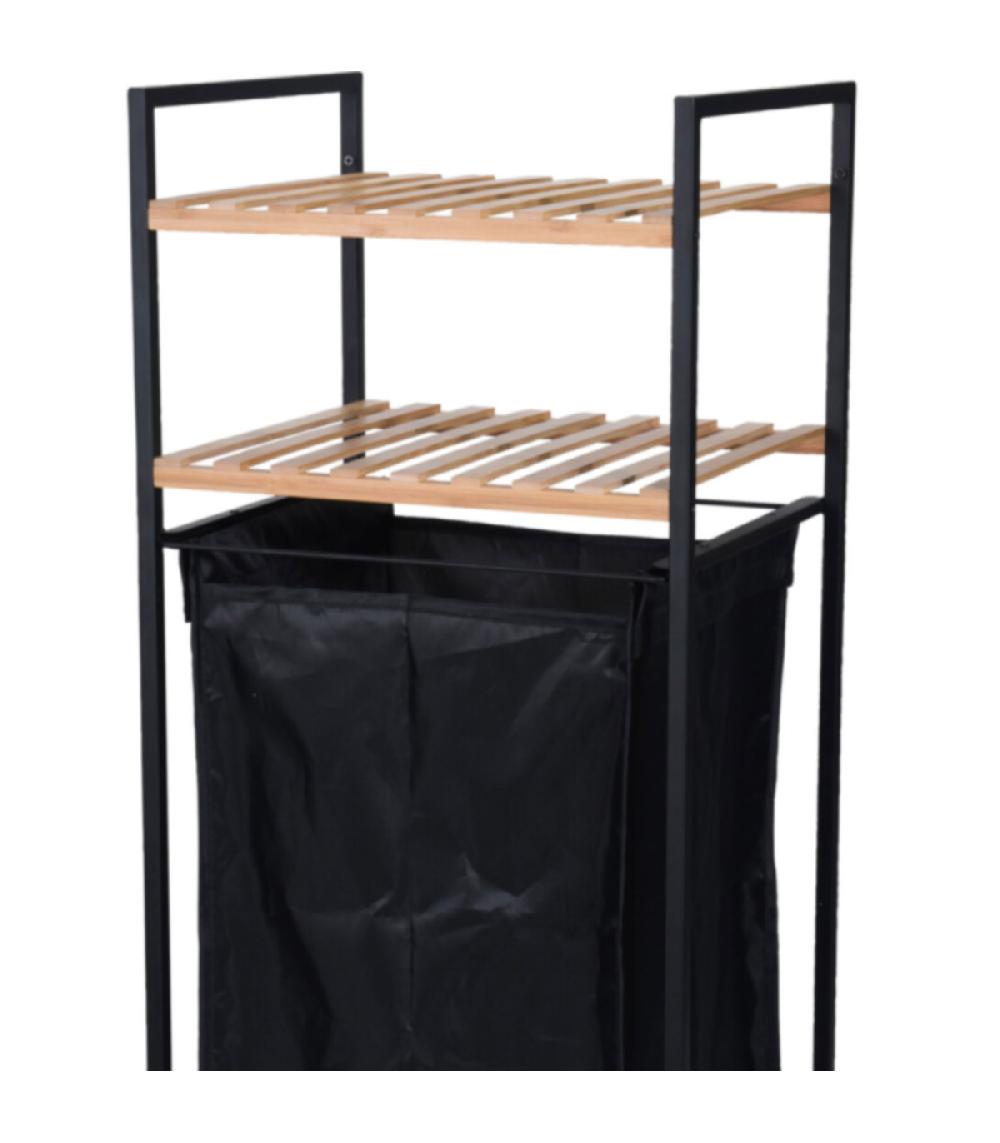 Wadiga Panier à Linge Avec étagère Métal Noir Et Bambou - 38x32x89.5cm