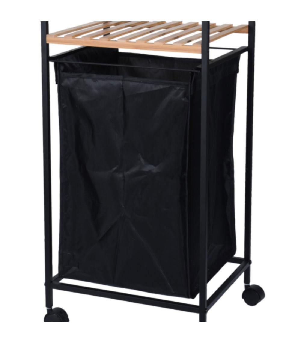 Wadiga Panier à Linge Avec étagère Métal Noir Et Bambou - 38x32x89.5cm