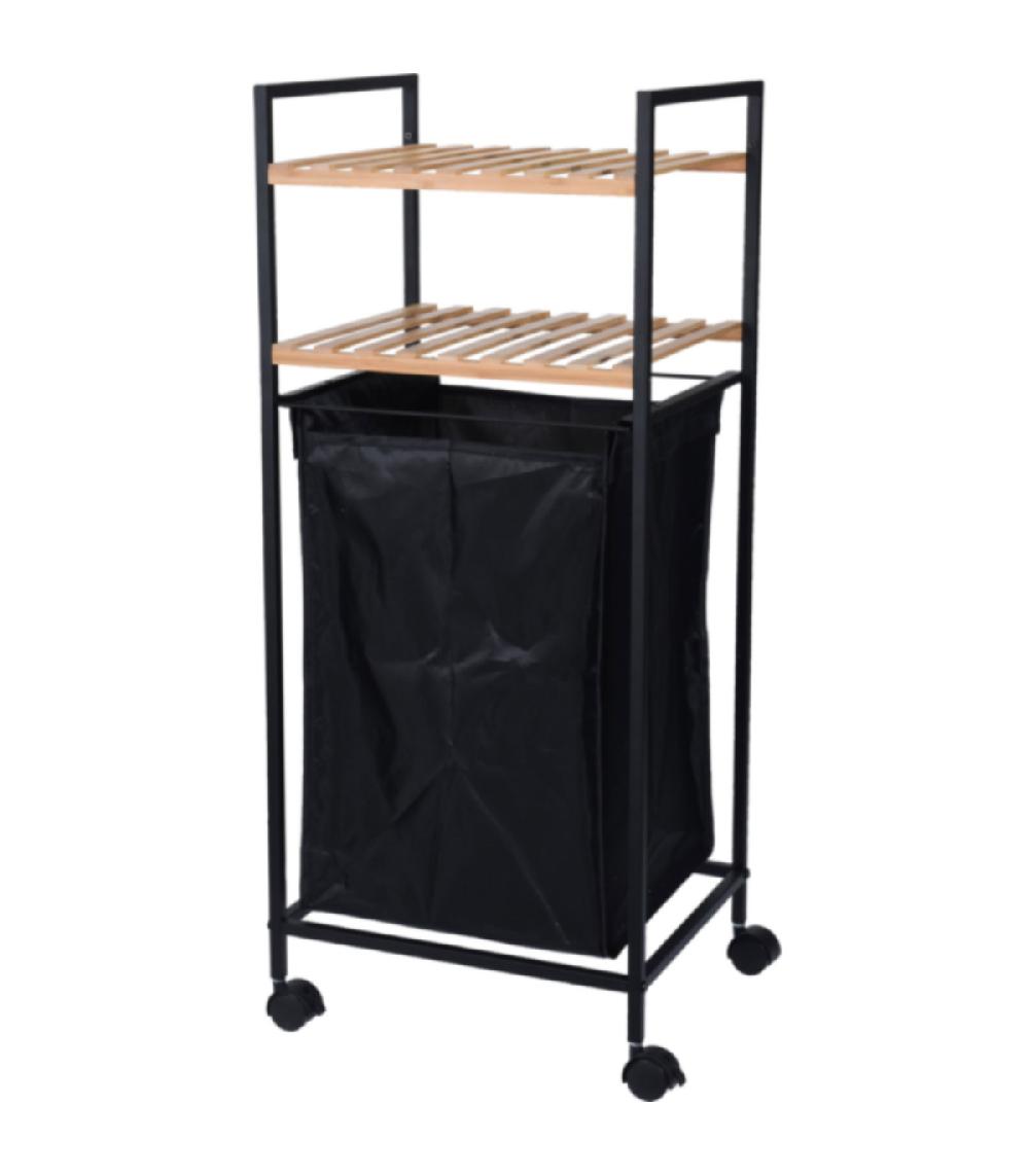 wadiga Panier à linge avec étagère métal noir et bambou - 38x32x89.5cm
