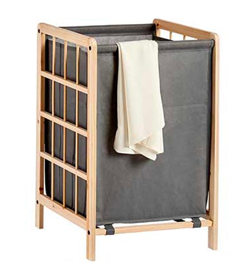 Wadiga Panier à Linge Bois Et Toile Grise 39.5x33x60cm
