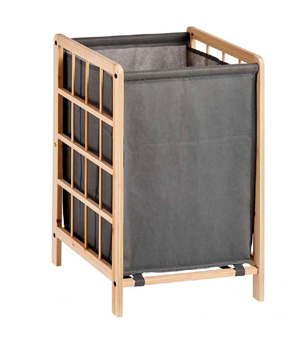 wadiga Panier à linge bois et toile grise 39.5x33x60cm