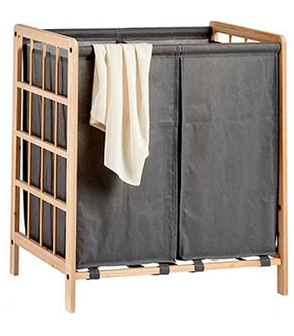 Wadiga Panier à Linge Double Bois Et Toile Grise 59.5x33x60cm