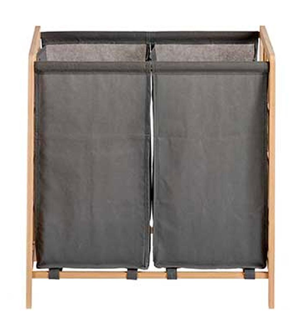 Wadiga Panier à Linge Double Bois Et Toile Grise 59.5x33x60cm
