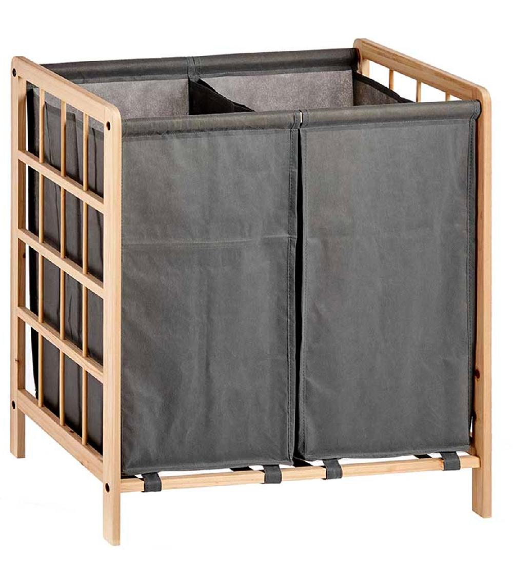 wadiga Panier à linge double bois et toile grise 59.5x33x60cm