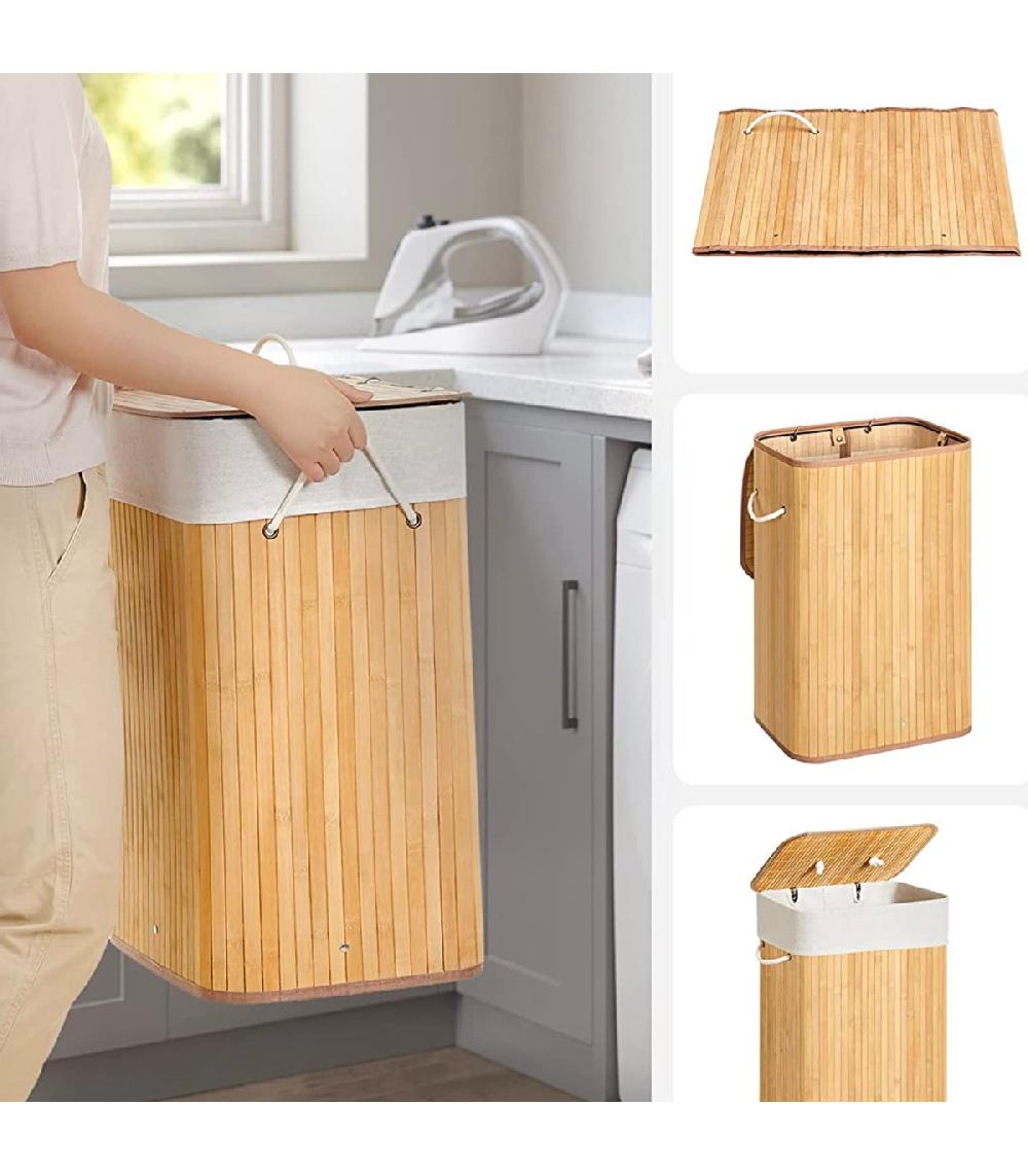 Wadiga Panier à Linge En Bambou Et Intérieur Amovible En Tissu - 60L