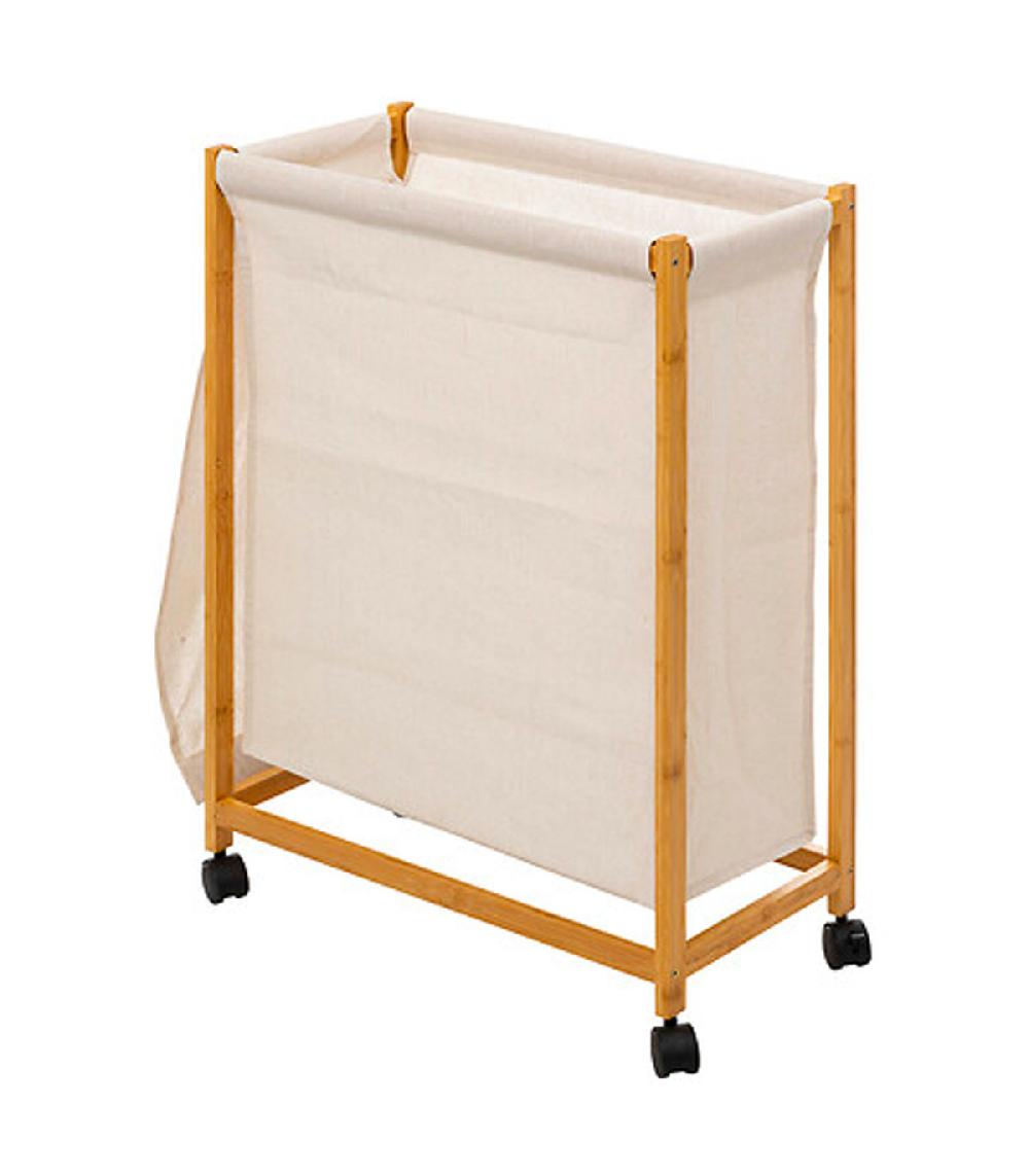 Wadiga Panier à Linge En Bambou Sur Roulettes Et Tissu Blanc Crème 52L