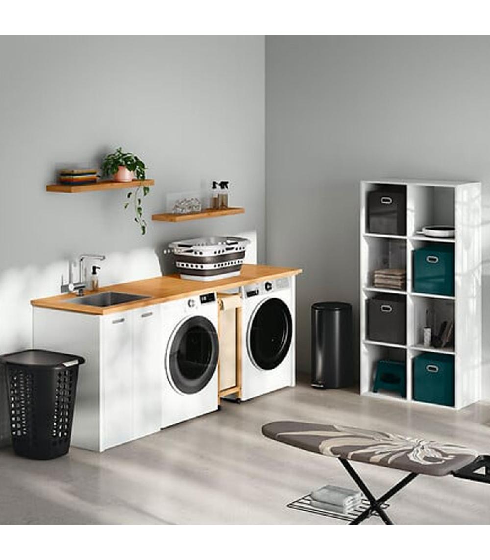 Wadiga Panier à Linge En Bambou Sur Roulettes Et Tissu Blanc Crème 52L