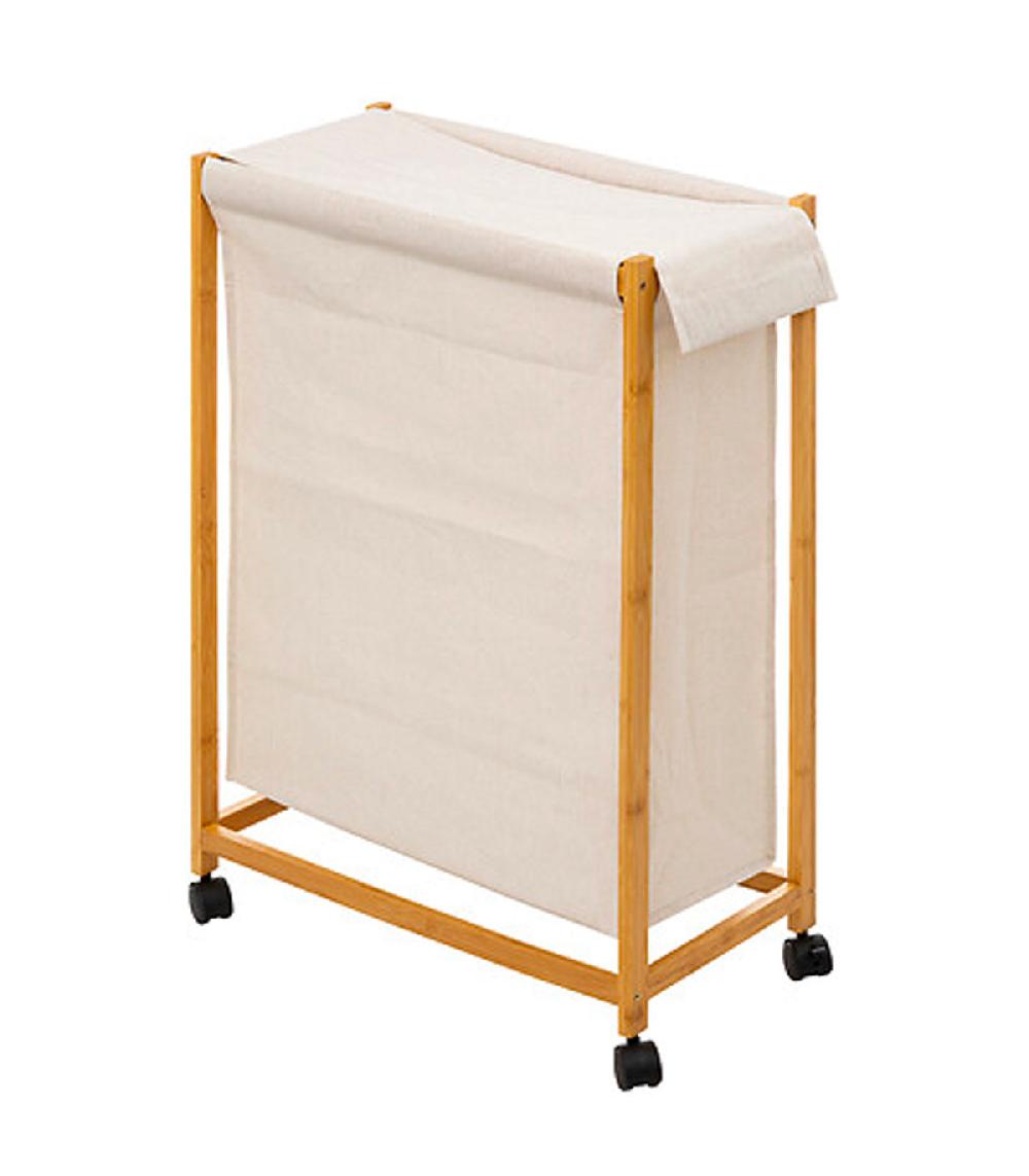 wadiga Panier à linge en bambou sur roulettes et tissu blanc crème 52L