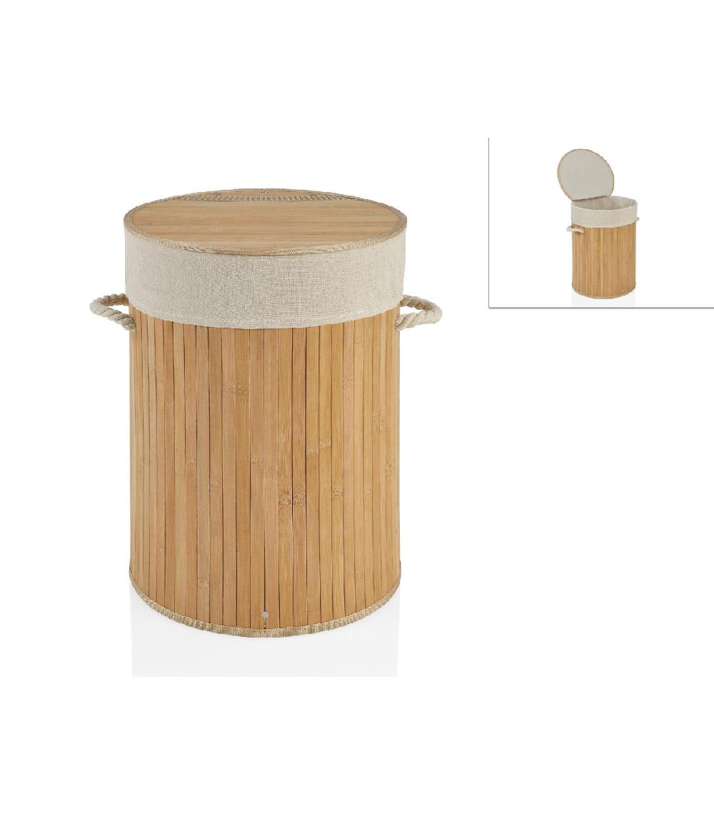 Wadiga Panier à Linge Rond Bambou Poignées Corde Intérieur Amovible Beige