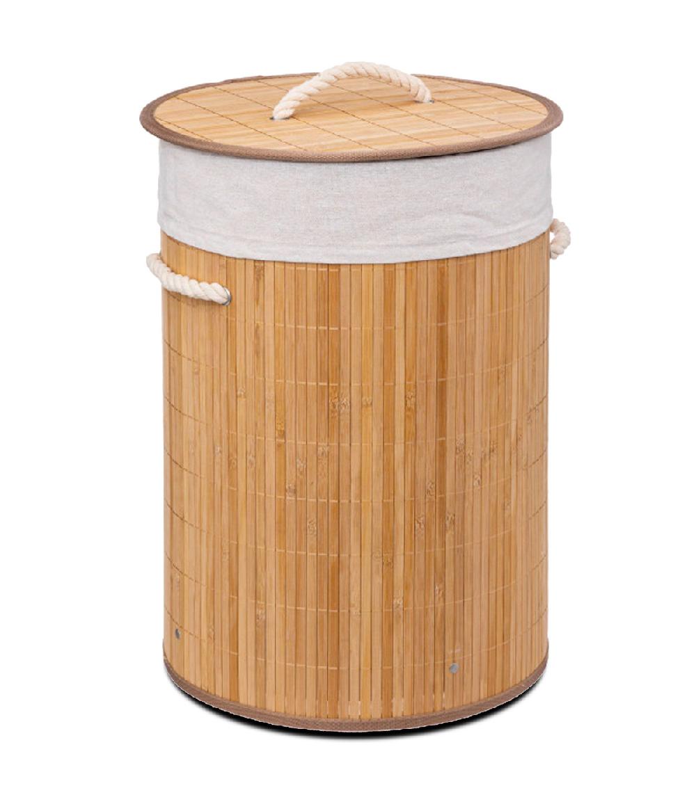 wadiga Panier à linge rond en bambou et intérieur amovible en tissu 48L