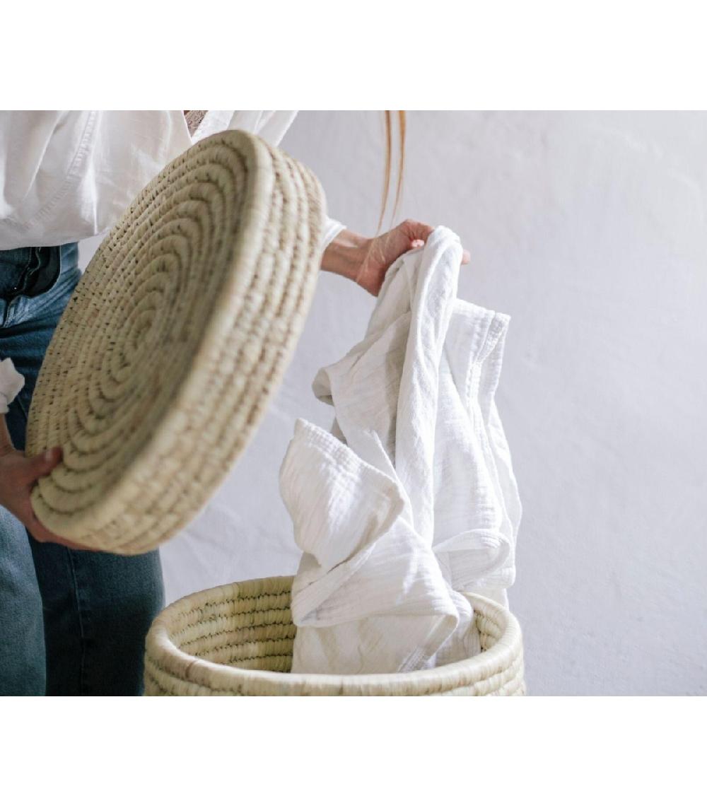 Wadiga Panier à Linge Rond En Feuilles De Palmier Tressées Avec Couvercle