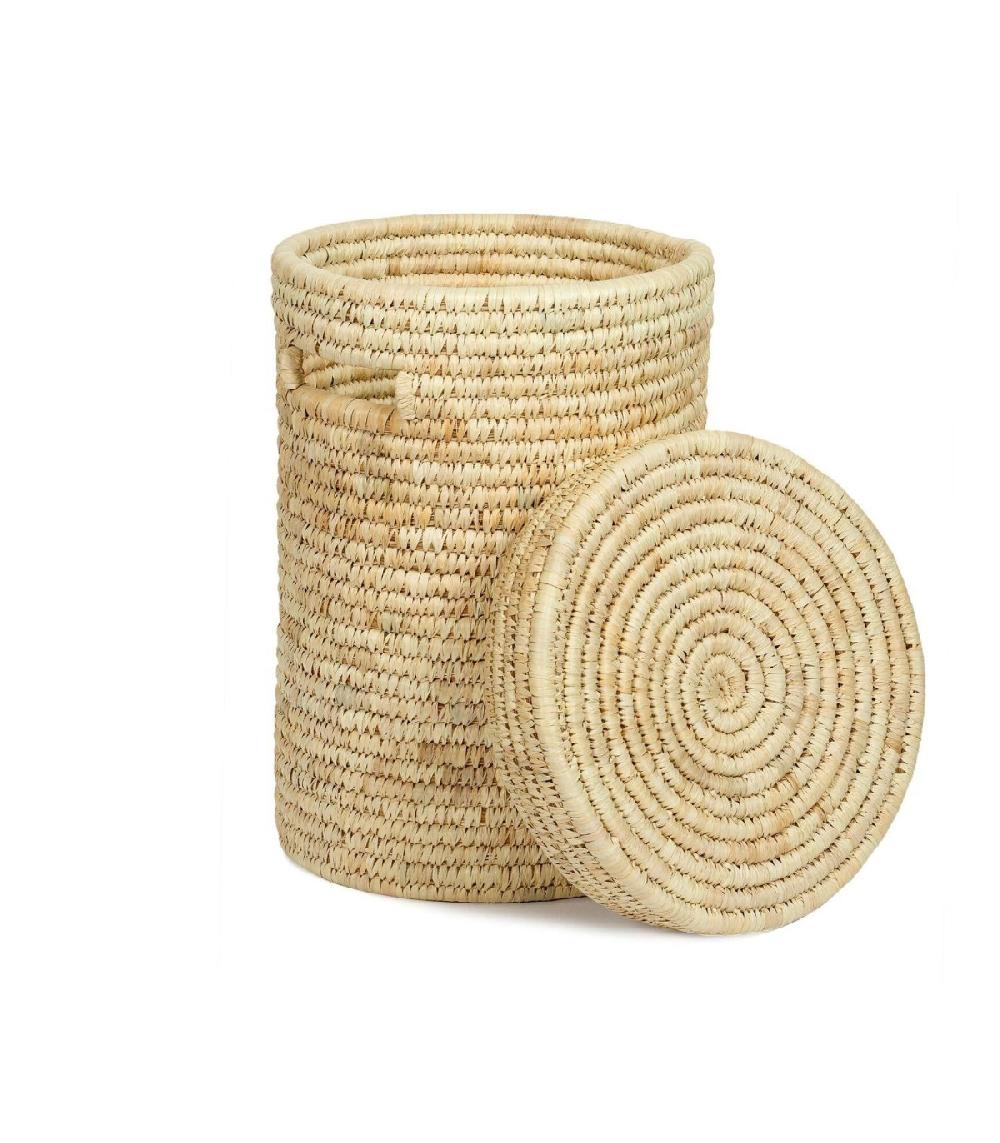Wadiga Panier à Linge Rond En Feuilles De Palmier Tressées Avec Couvercle