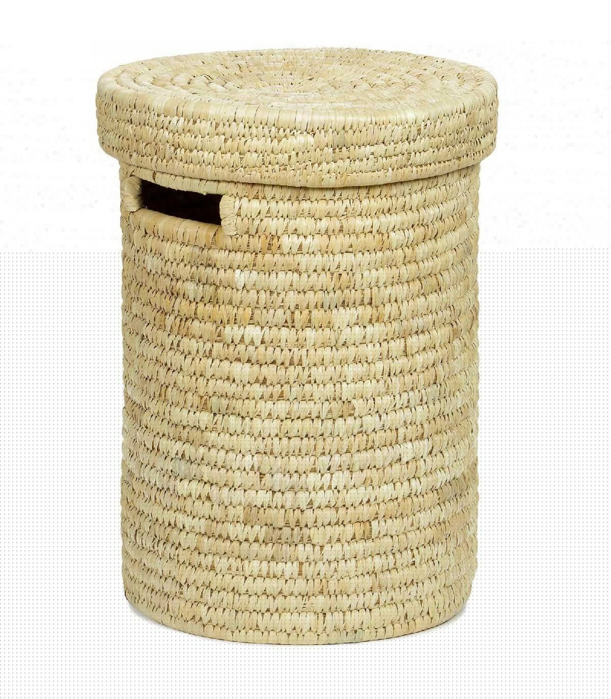 wadiga Panier à Linge Rond en Feuilles de Palmier Tressées avec Couvercle
