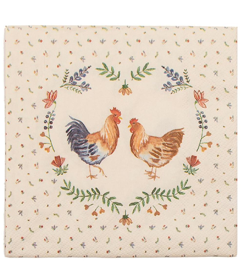 wadiga Paquet de 20 serviettes en papier fleurs poule et coq 33x33cm