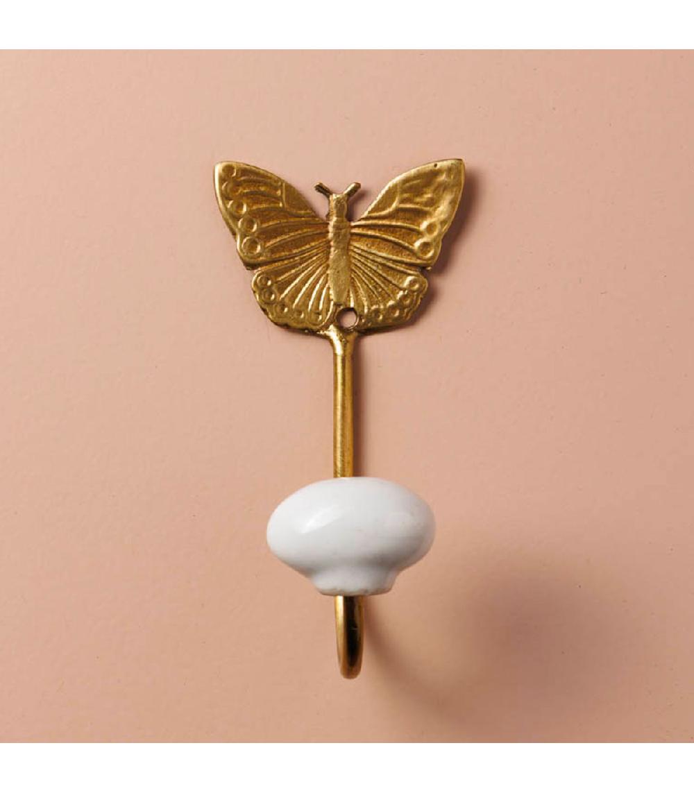 Wadiga Patère Crochet Métal Doré Et Céramique Blanche Papillon 5x5x10cm