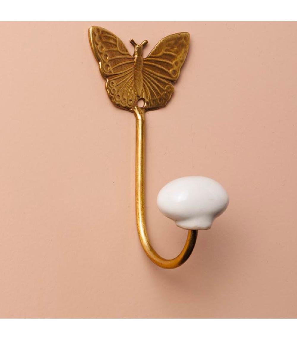 Wadiga Patère Crochet Métal Doré Et Céramique Blanche Papillon 5x5x10cm