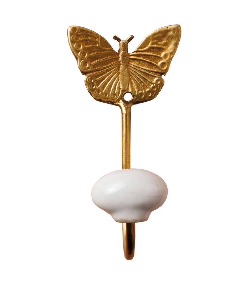 wadiga Patère crochet métal doré et céramique blanche papillon 5x5x10cm
