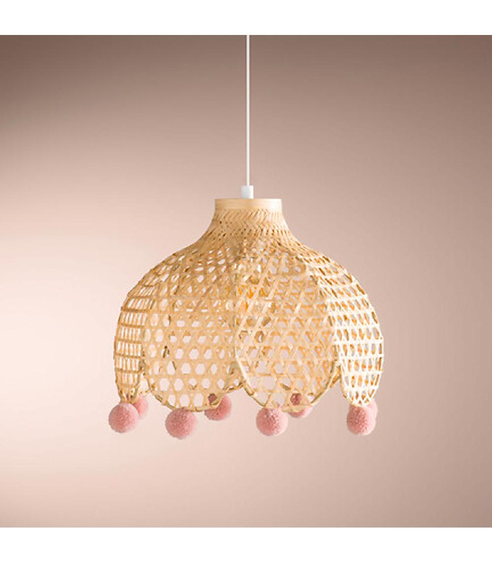 Wadiga Plafonnier En Bambou Et Ponpoms Roses Pour Chambre Enfant 28x28x22cm
