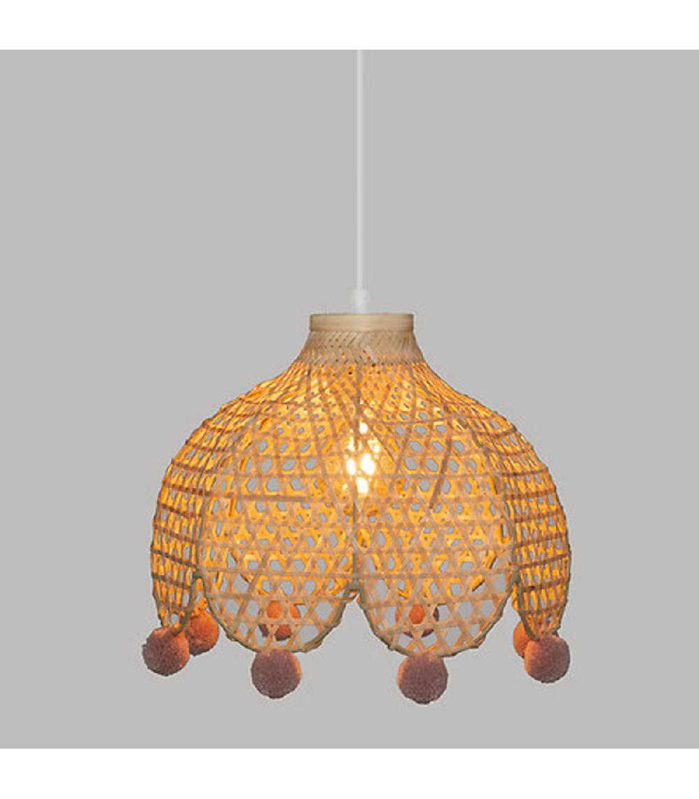 Wadiga Plafonnier En Bambou Et Ponpoms Roses Pour Chambre Enfant 28x28x22cm