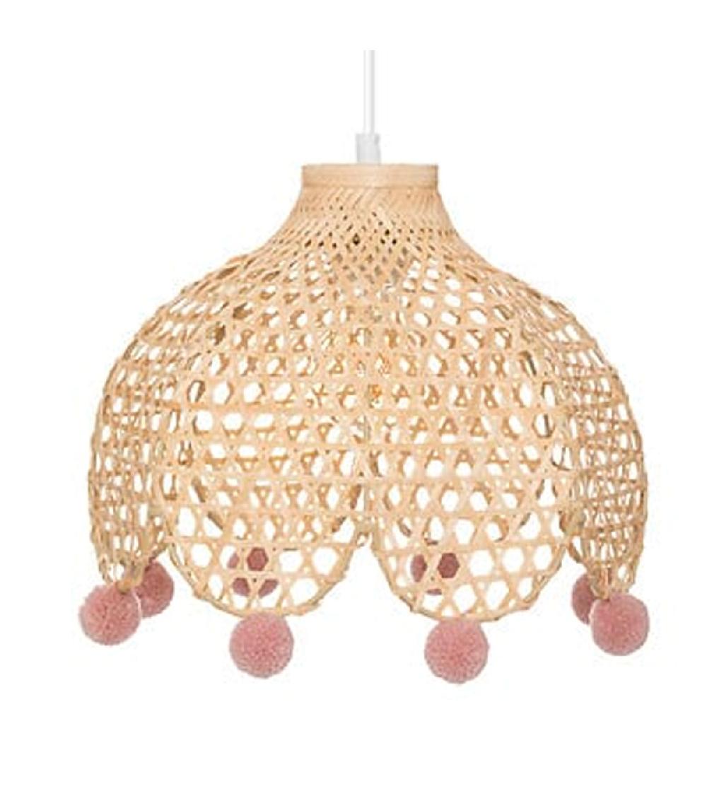 wadiga Plafonnier en bambou et ponpoms roses pour chambre enfant 28x28x22cm