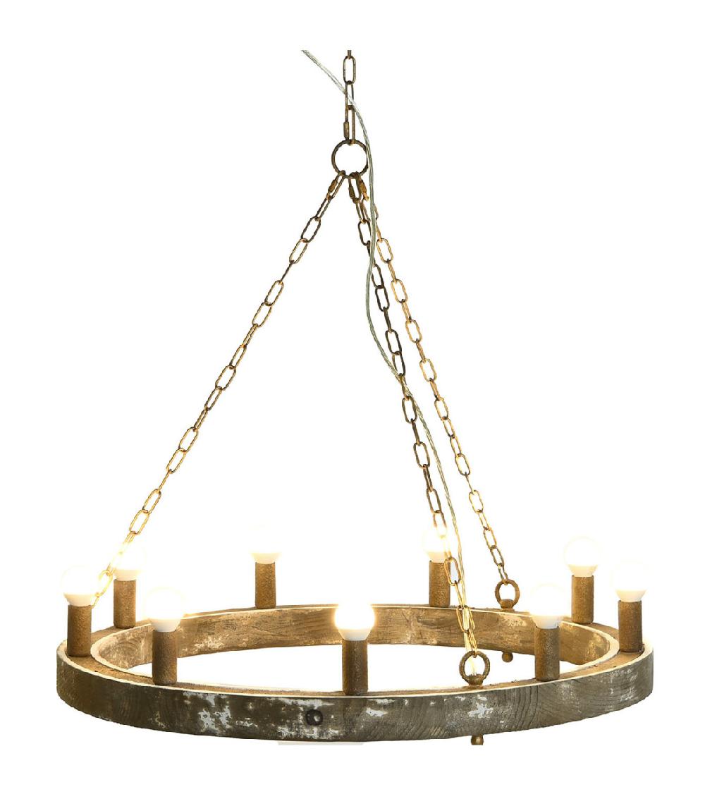 Wadiga Plafonnier Rond En Bois Et Métal Vieilli 9 Ampoules 78x78x13cm