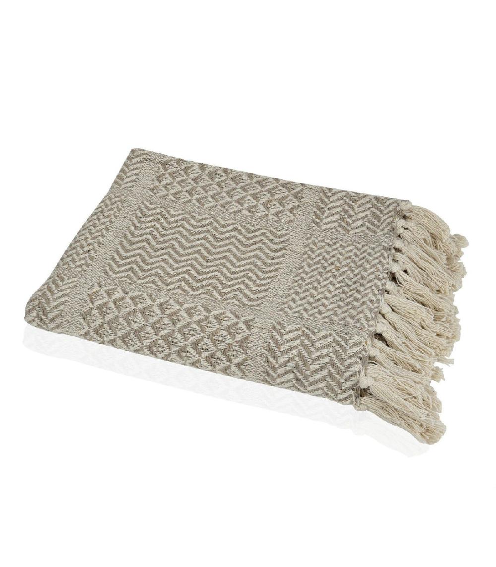 wadiga Plaid 100% Coton Beige Clair et Beige Foncé à Franges