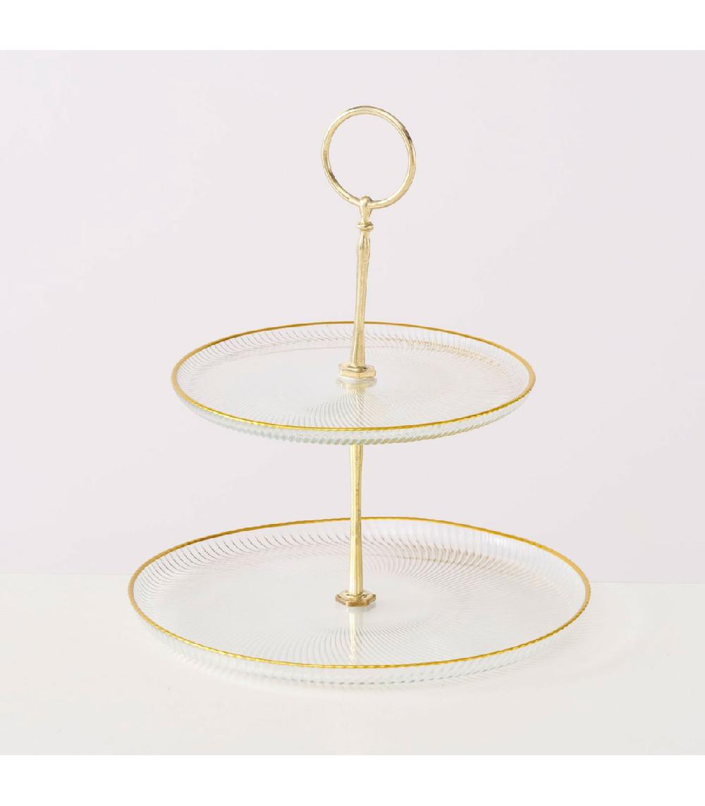 Wadiga Plat De Présentation 2 étages En Verre Strié Et Métal Doré 21.5x21.5x25cm
