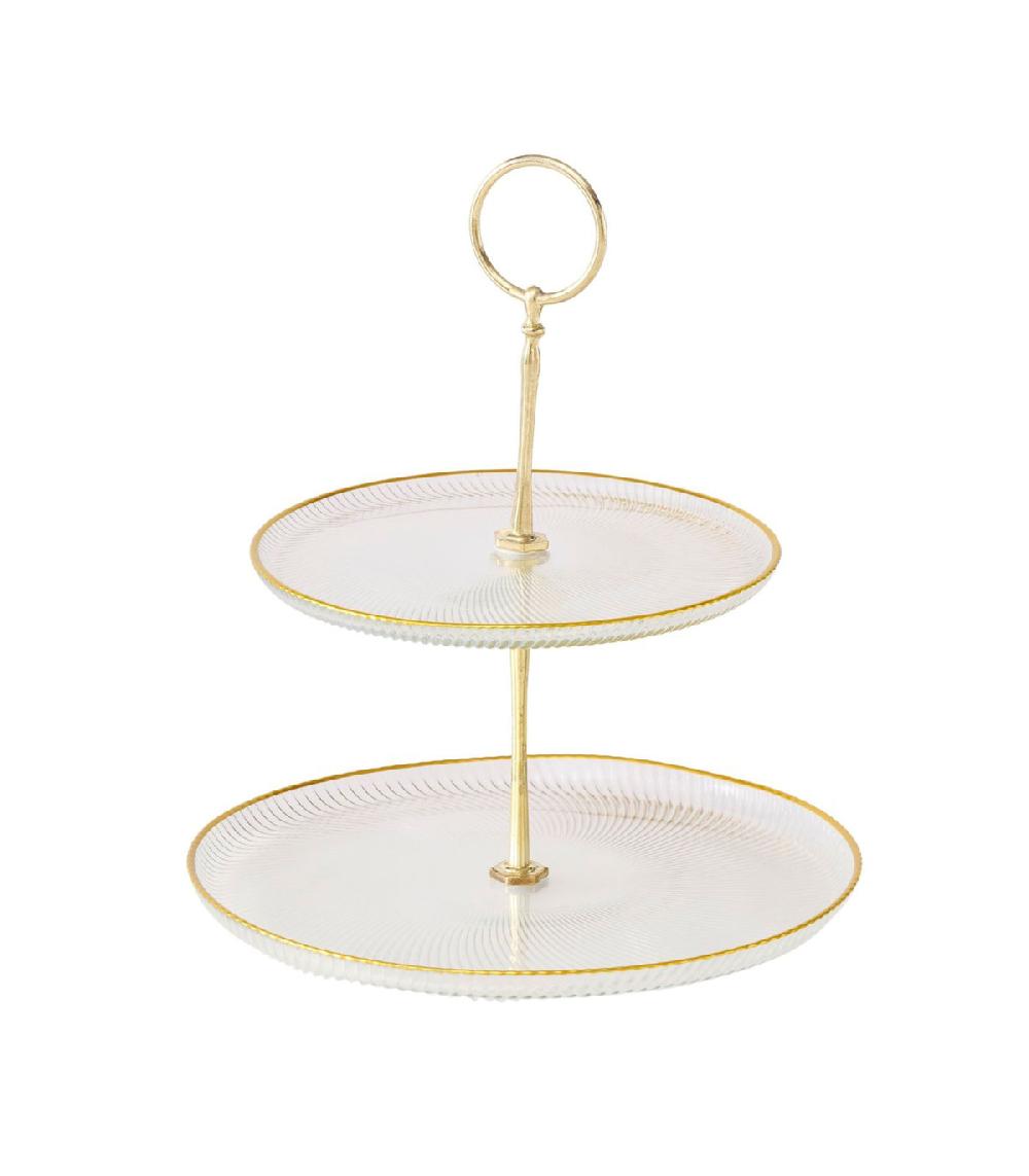 wadiga Plat de présentation 2 étages en verre strié et métal doré 21.5x21.5x25cm