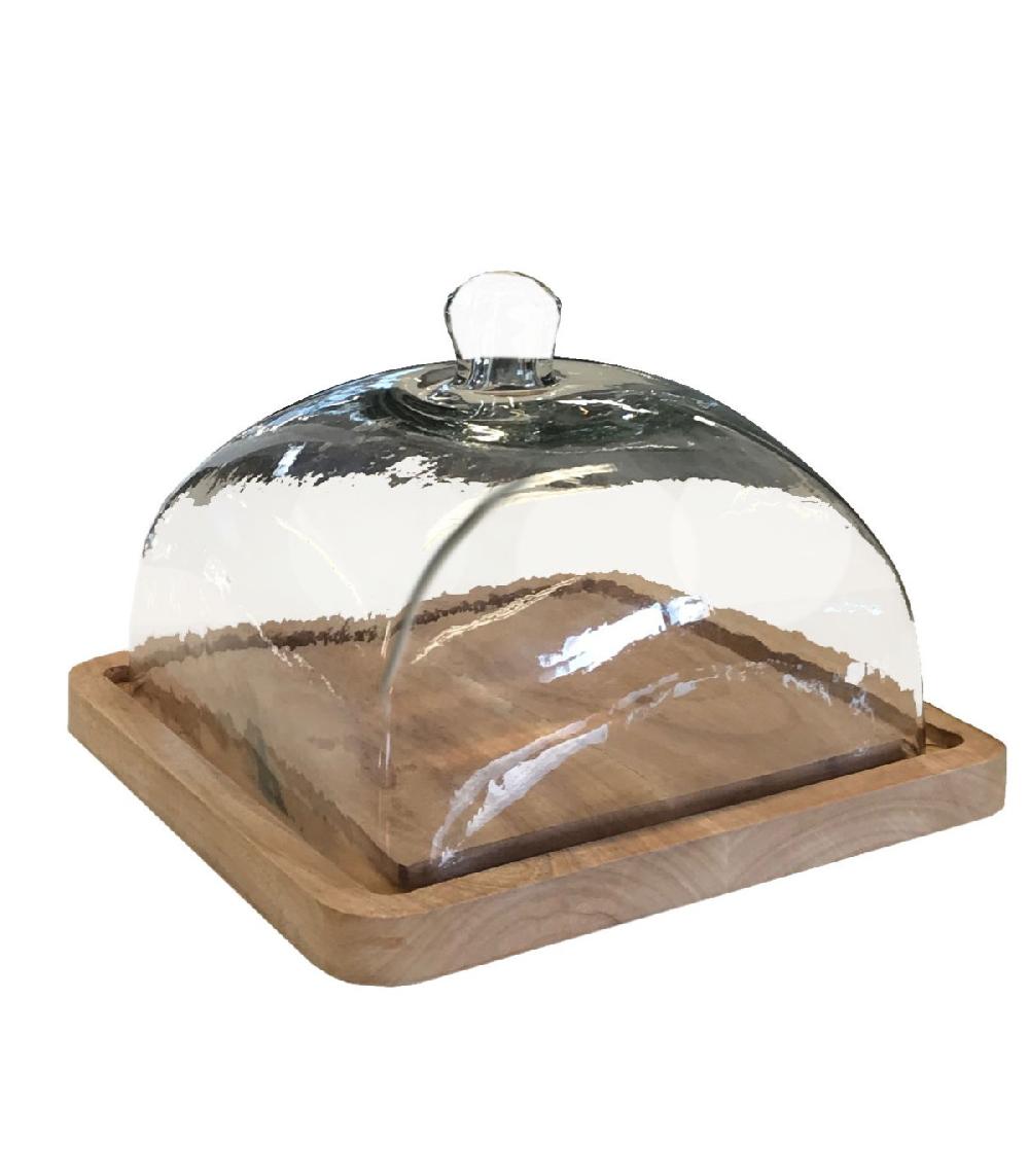 Wadiga Plateau à Fromage Ou Gâteau En Bois Et Cloche En Verre Carré