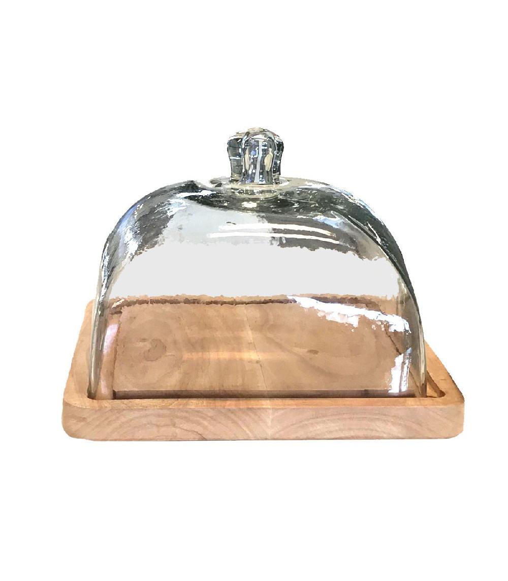 wadiga Plateau à Fromage ou Gâteau en Bois et Cloche en Verre Carré