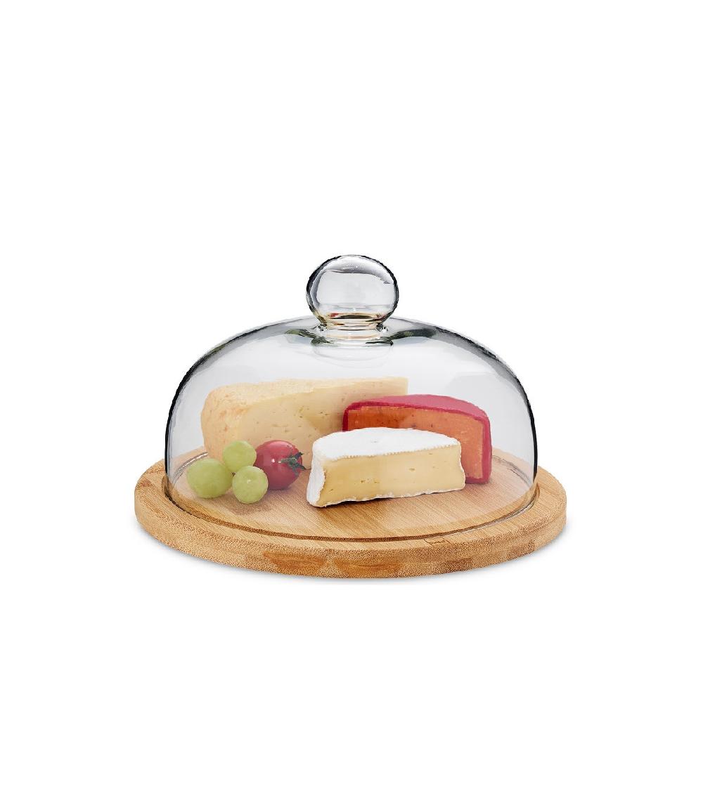 Wadiga Plateau à Fromage Rond Bambou Et Cloche En Verre - 24x15.5cm