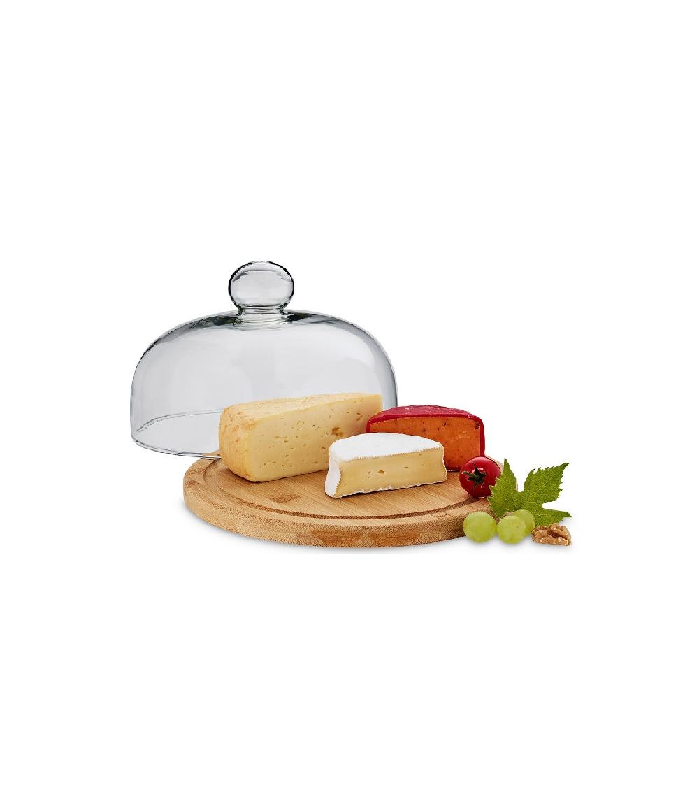 Wadiga Plateau à Fromage Rond Bambou Et Cloche En Verre - 24x15.5cm