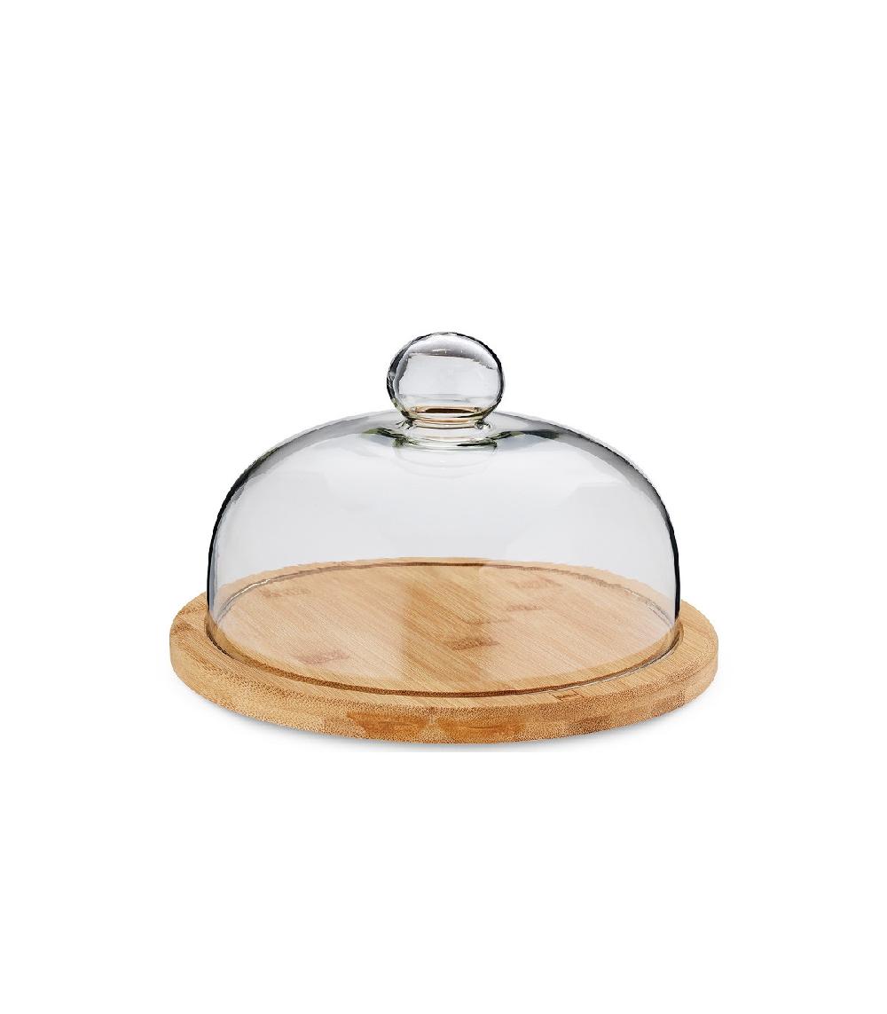 wadiga Plateau à fromage rond bambou et cloche en verre - 24x15.5cm