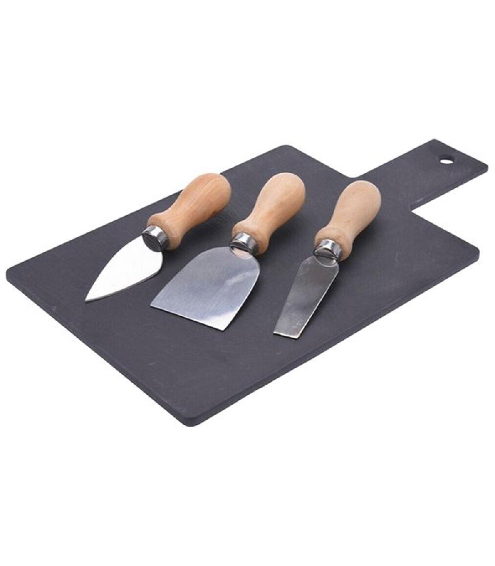 wadiga Plateau à fromages en ardoise et ses 3 couteaux de service 30x17x0.5cm