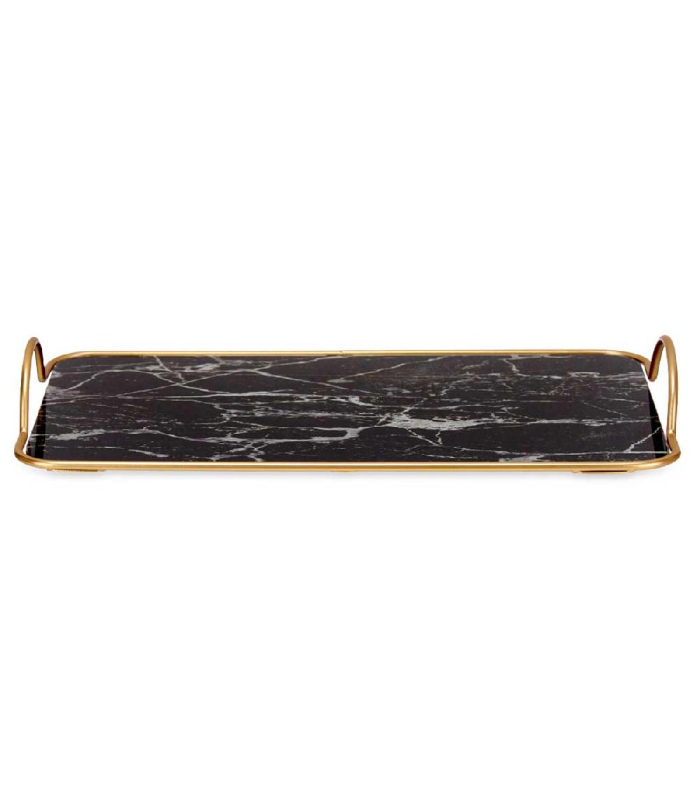 Wadiga Plateau En Métal Doré Et Verre Effet Marbre Noir 20x35x4.5cm
