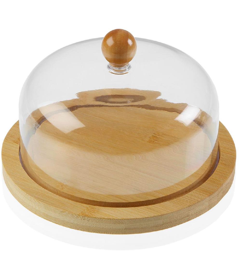 wadiga Plateau fromage rond bambou et cloche acrylique 20x20x10cm