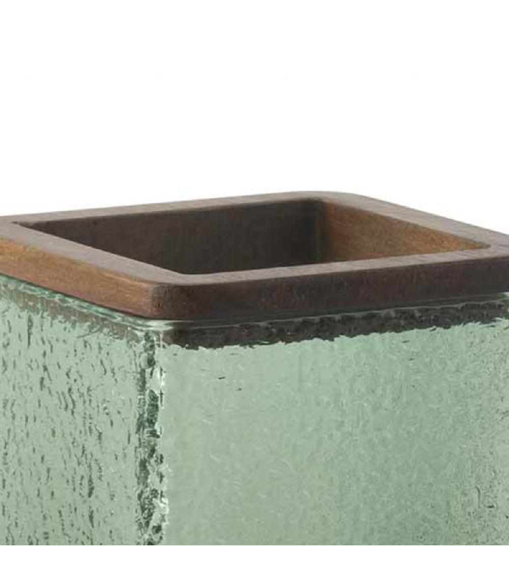 Wadiga Porte Brosse à Dents En Verre Martelé Vert Et Bois 7.5x7.5x11cm